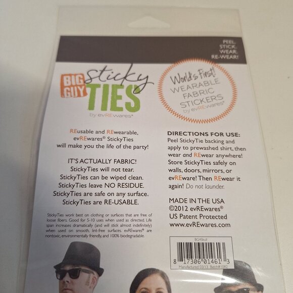 Big Guy Sticky Ties Reusable Wearable Fabric Sticker Skull Design By EvREwares - Picture 2 of 5